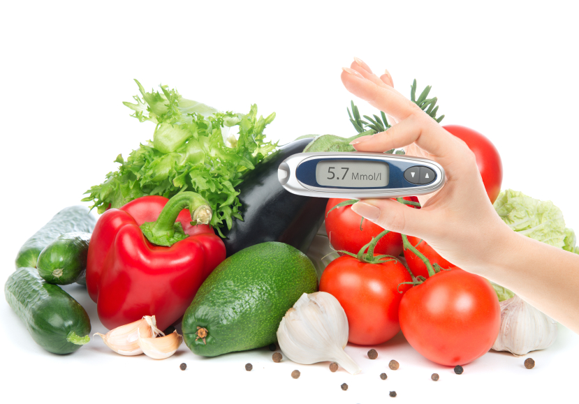 Diabetes concept glucometer for glucose level blood test in hand and healthy organic food on a white background