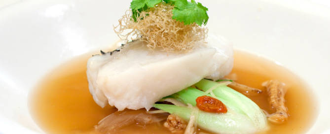 Steamed fillet of cod on a bed of vegetables in wolf berry sauce, topped with shredded fried ginger and Chinese parsley